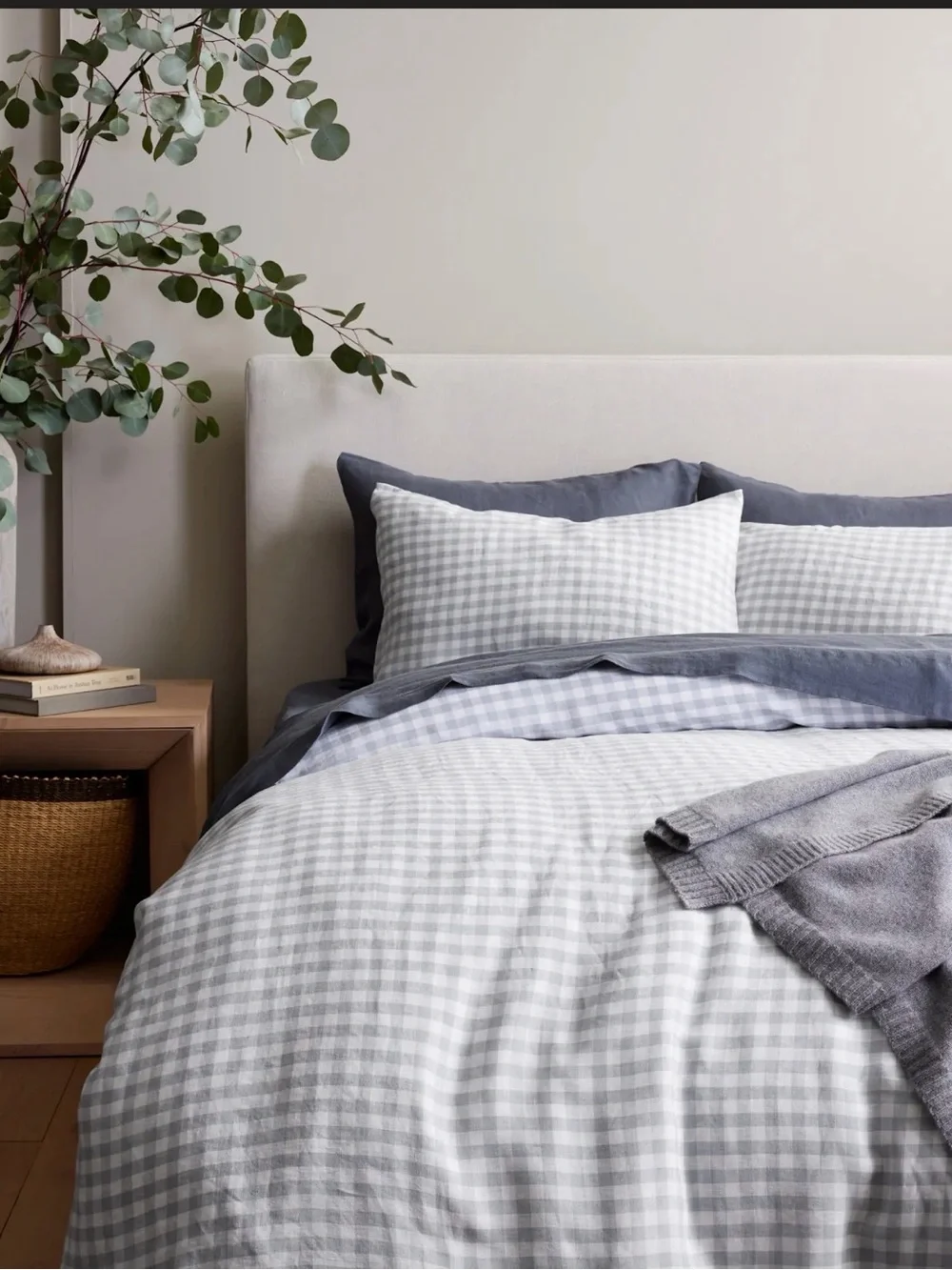 Quince European Linen Duvet Cover Set in Blue Fog Gingham Queen Size 1338